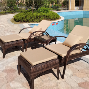 Outdoor Patio Chaise Lounge Chair, Elegant Reclining Adjustable Pool Rattan Chaise Lounge Chair with Beige Cushion