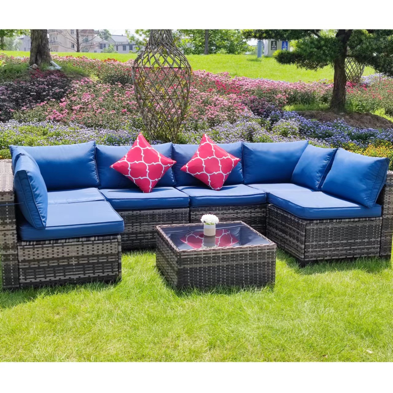 PE rattan sofa factory wholesale outdoor furniture garden sofa patio furniture fireplace stove table Multi-talk set