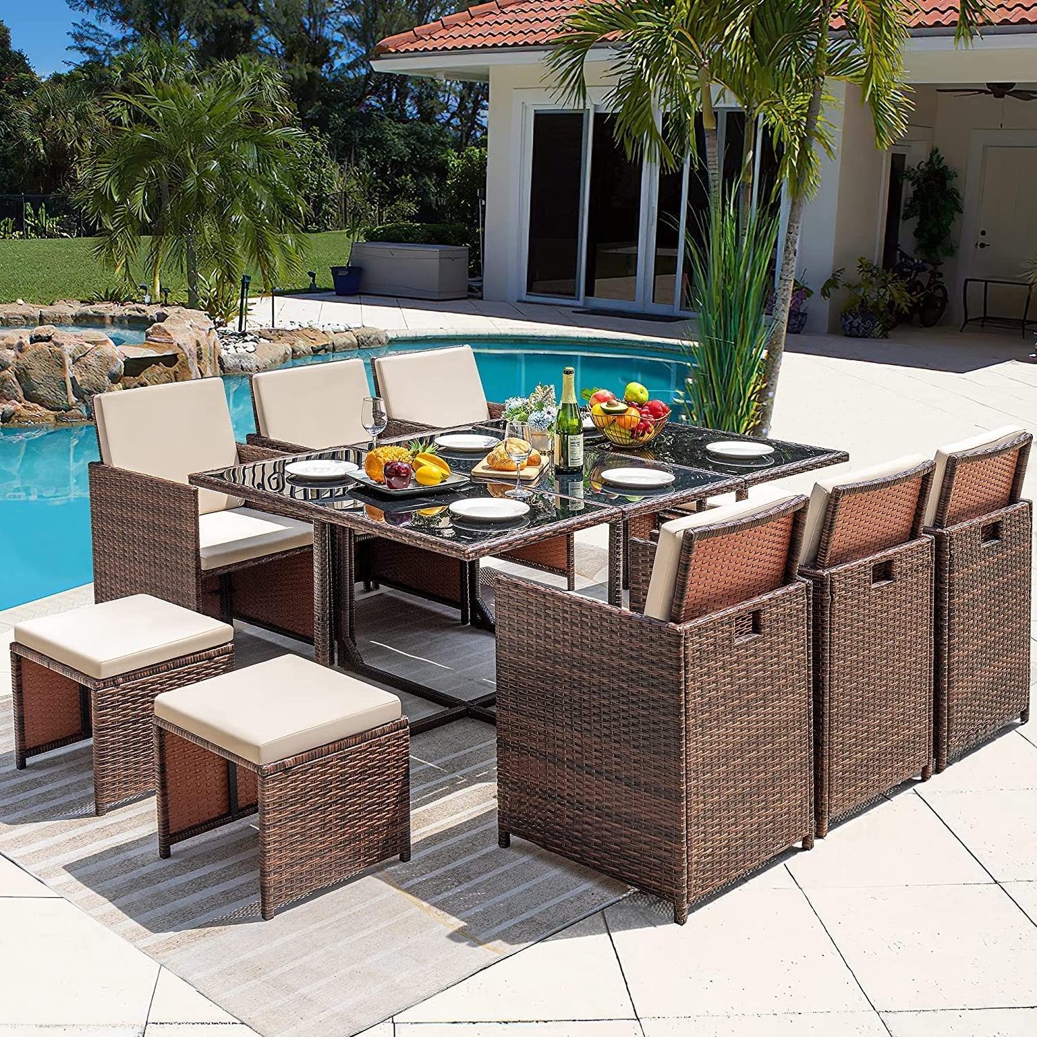 Modern Rattan Dining Set Patio Outdoor Rattan Wicker Furniture Sets garden table and chairs set