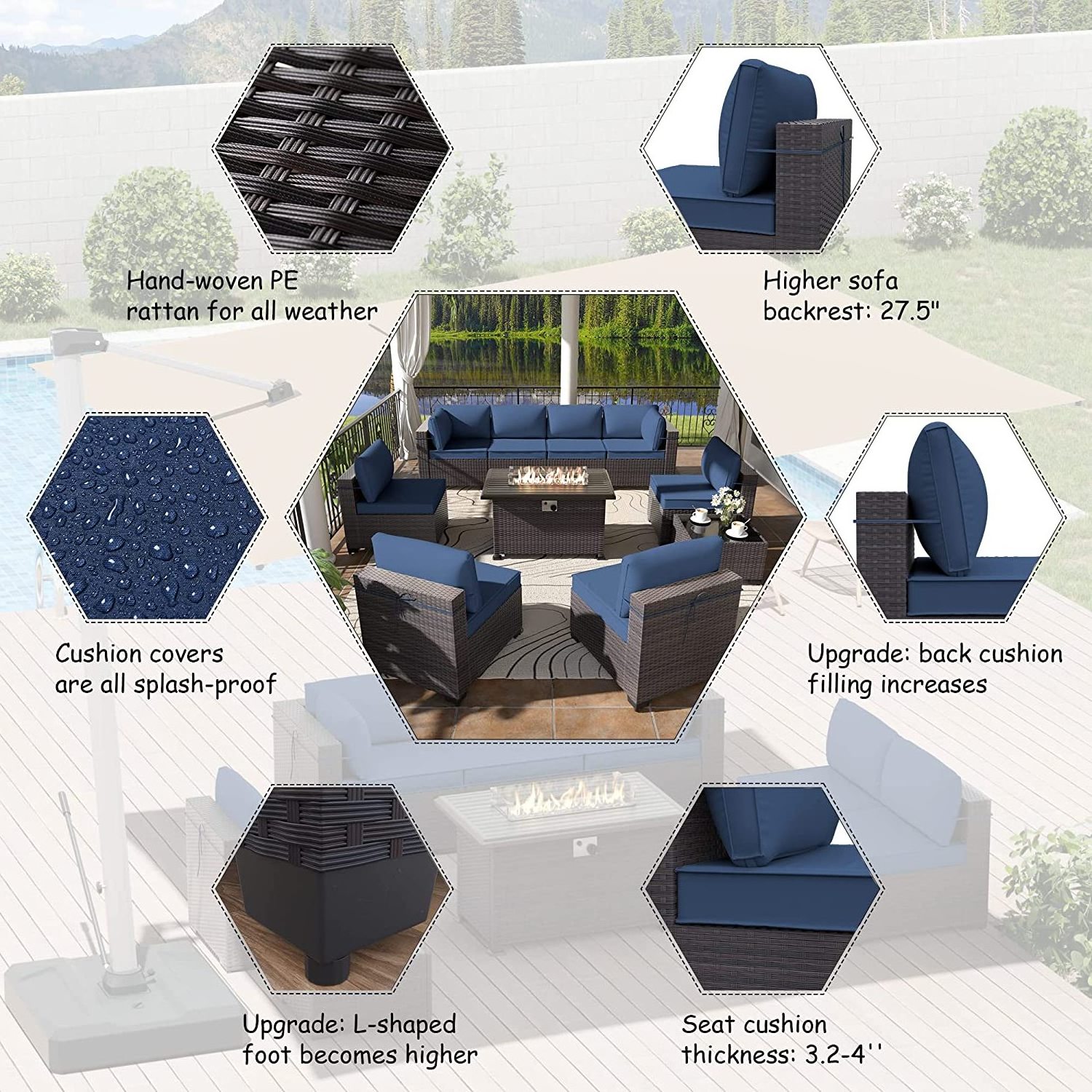 Outdoor Patio Sectional Sofa Couch Black PE Wicker Furniture Patio Conversation Sets rattan sofa