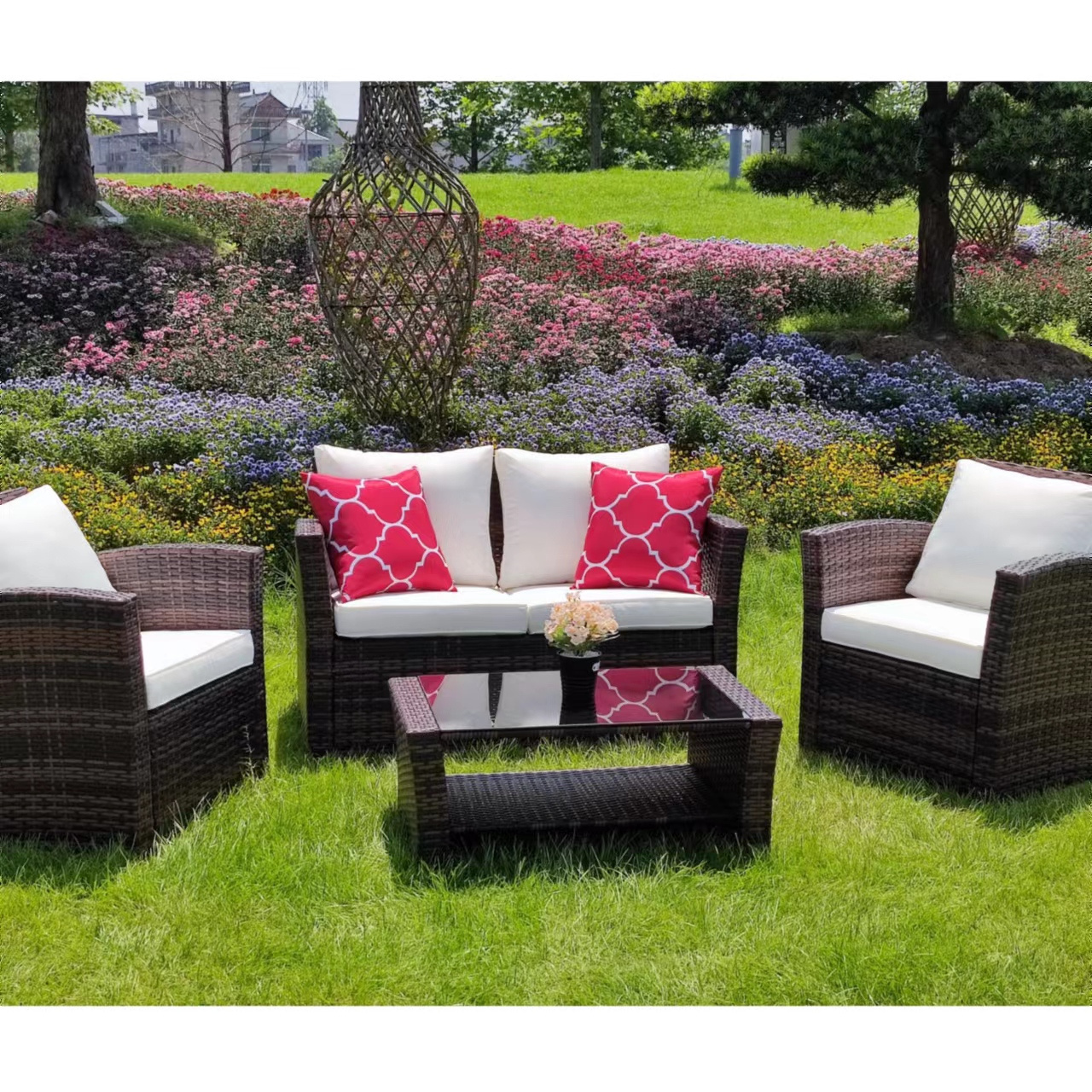 4 Pieces Patio Furniture Sets in Patio and Garden Outdoor Wicker Sofa PE Rattan Chair