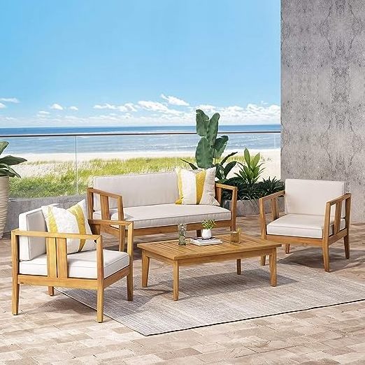 4 Piece Outdoor Rope Wicker Patio Conversation Set, Modern Contemporary Furniture w/Loveseat, soft cushions, coffee Table