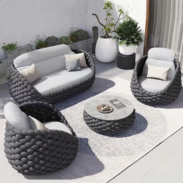 4 Piece Outdoor Rope Wicker Patio Conversation Set, Modern Contemporary Furniture w/Loveseat, soft cushions, coffee Table