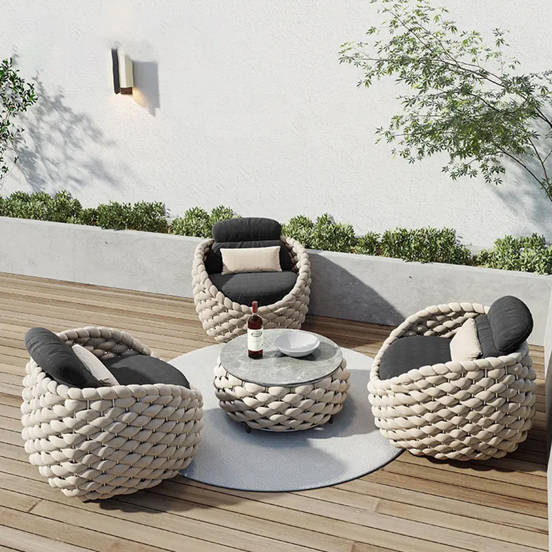 4 Piece Outdoor Rope Wicker Patio Conversation Set, Modern Contemporary Furniture w/Loveseat, soft cushions, coffee Table