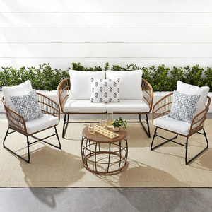 4 Piece Outdoor Rope Wicker Patio Conversation Set, Modern Contemporary Furniture w/Loveseat, soft cushions, coffee Table