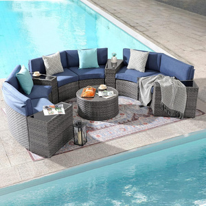 Outdoor Patio Furniture Round Patio Furniture Set Curved Outdoor Sofa with Tempered Glass Round Coffee Table Grey Rattan