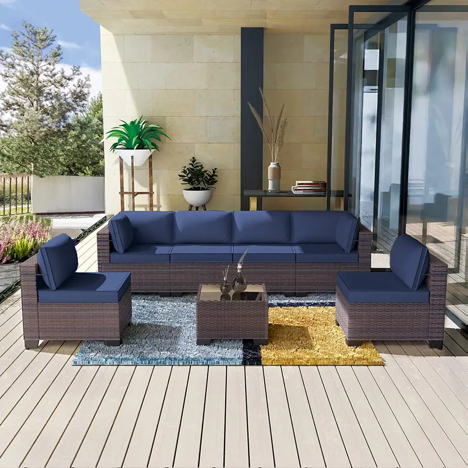 All Weather Patio Furniture Luxury Rattan Design Sofa Wicker Outdoor Set with Seat and Water Proof Polyester Cushion