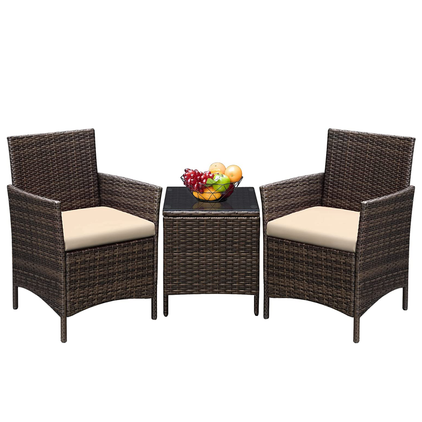 3 Pieces Patio Furniture PE Rattan Wicker Chair Conversation Set, Gray and Beige and  brown