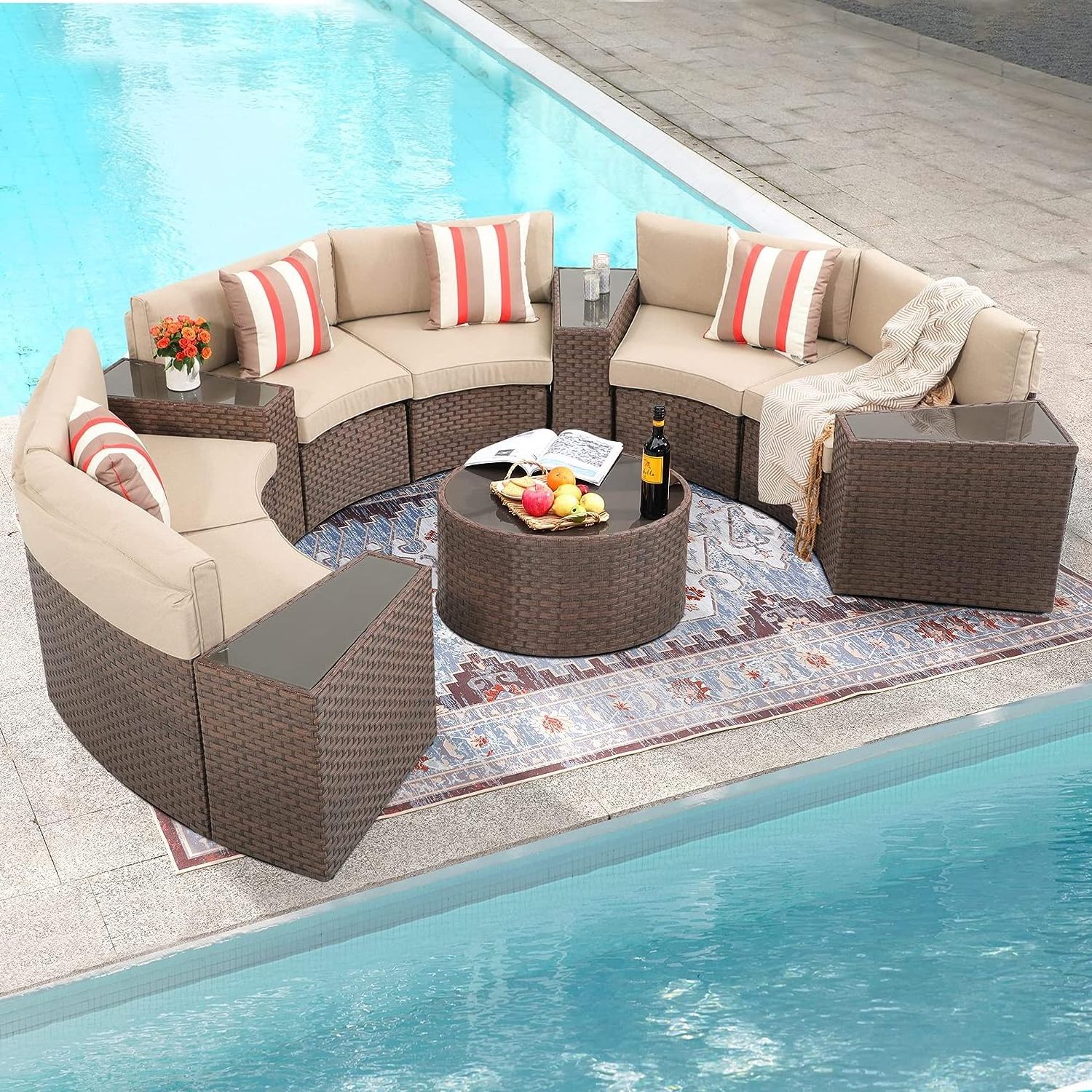 Outdoor Patio Furniture Round Patio Furniture Set Curved Outdoor Sofa with Tempered Glass Round Coffee Table Grey Rattan