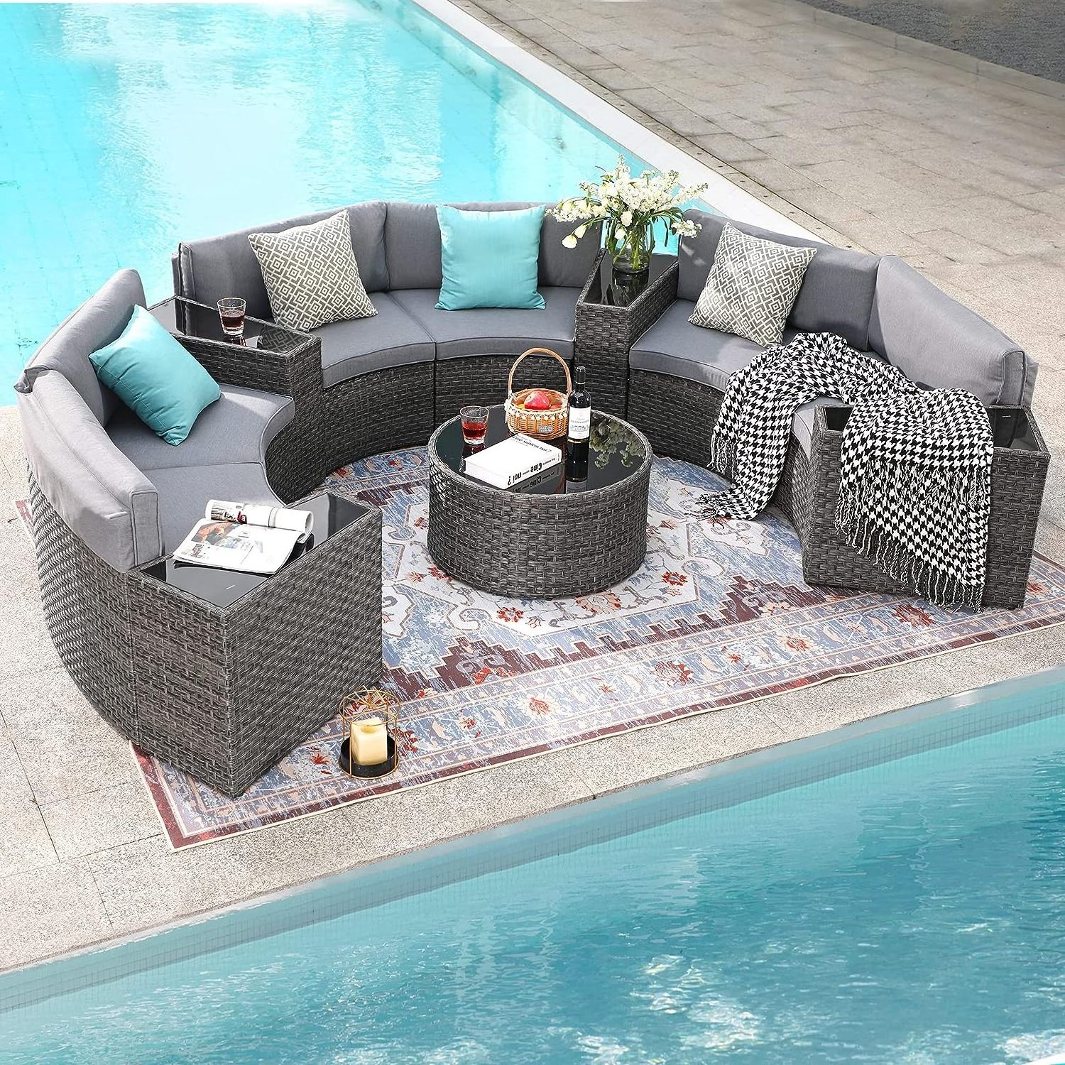 Outdoor Patio Furniture Round Patio Furniture Set Curved Outdoor Sofa with Tempered Glass Round Coffee Table Grey Rattan