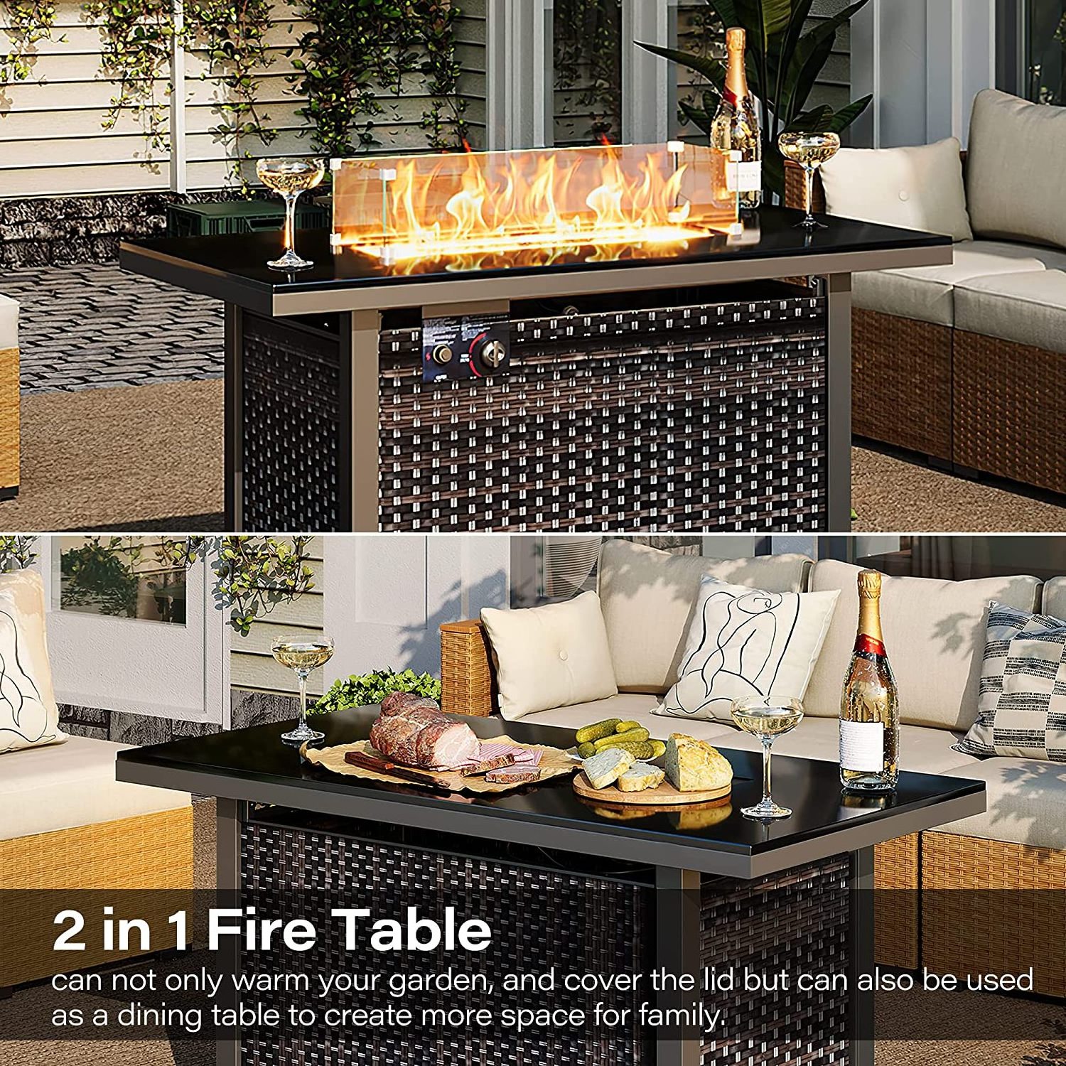 Black PE Wicker Furniture Patio Conversation Sets garden set fire pit