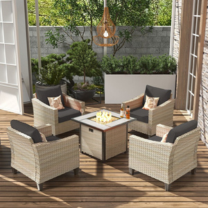 5 Piece Patio Furniture Set with Fire Pit Table, Outdoor Conversation aluminum Sets Wicker Rattan Sectional Sofa