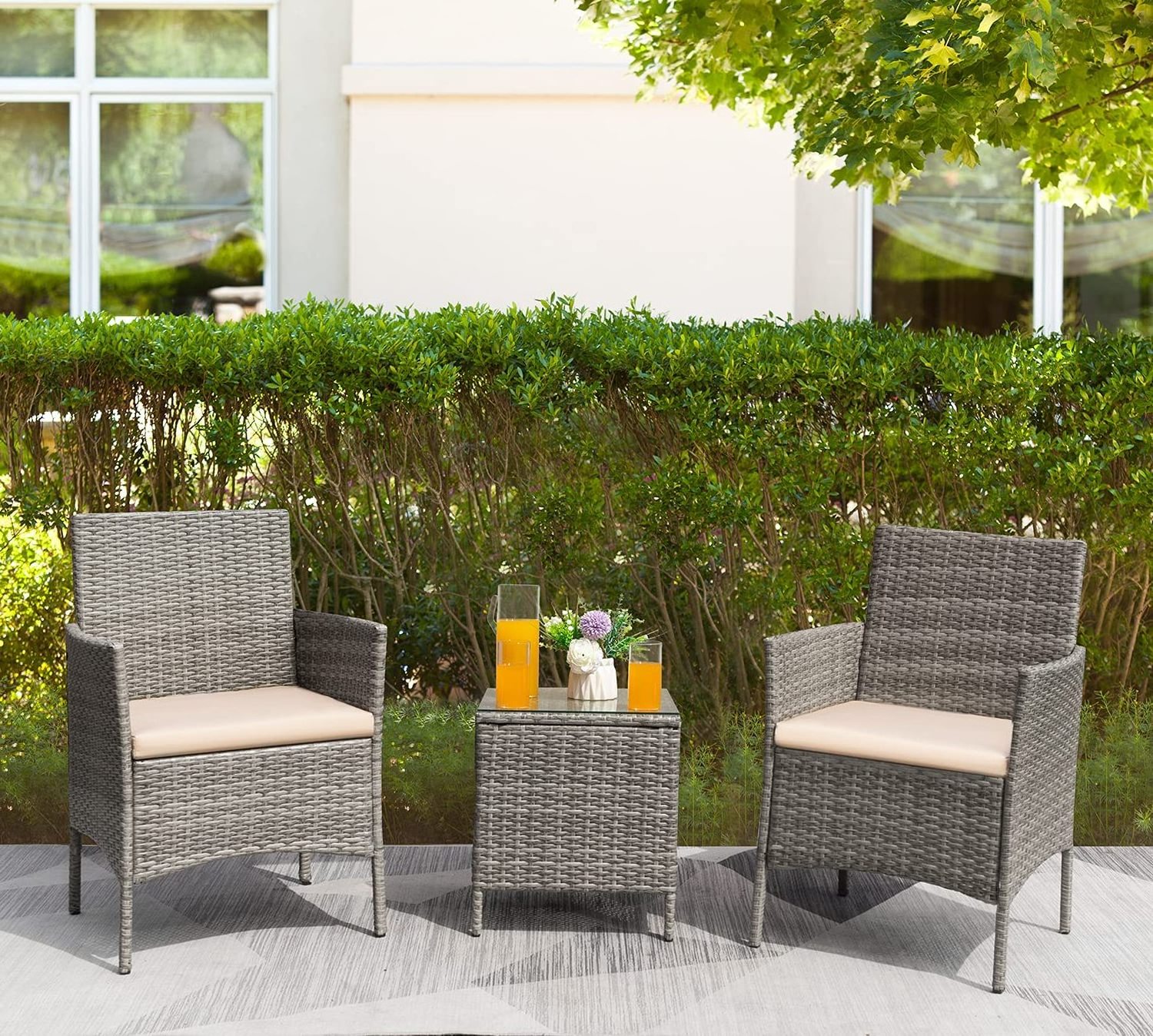 3 Pieces Patio Furniture PE Rattan Wicker Chair Conversation Set, Gray and Beige and  brown