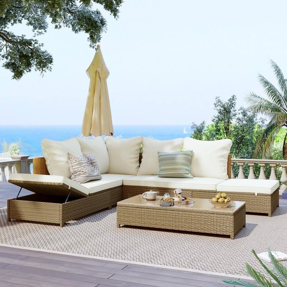 Outdoor PE Wicker Rattan patio garden set with Beige cushions Adjustable Chaise and table Brown rattan