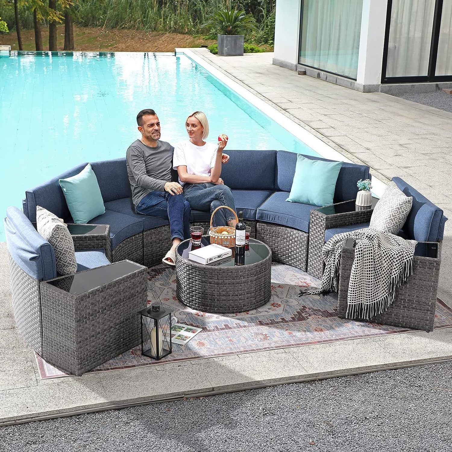 Outdoor Patio Furniture Round Patio Furniture Set Curved Outdoor Sofa with Tempered Glass Round Coffee Table Grey Rattan