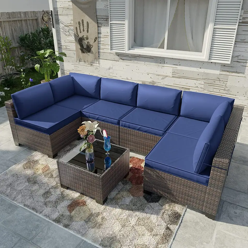 All Weather Patio Furniture Luxury Rattan Design Sofa Wicker Outdoor Set with Seat and Water Proof Polyester Cushion