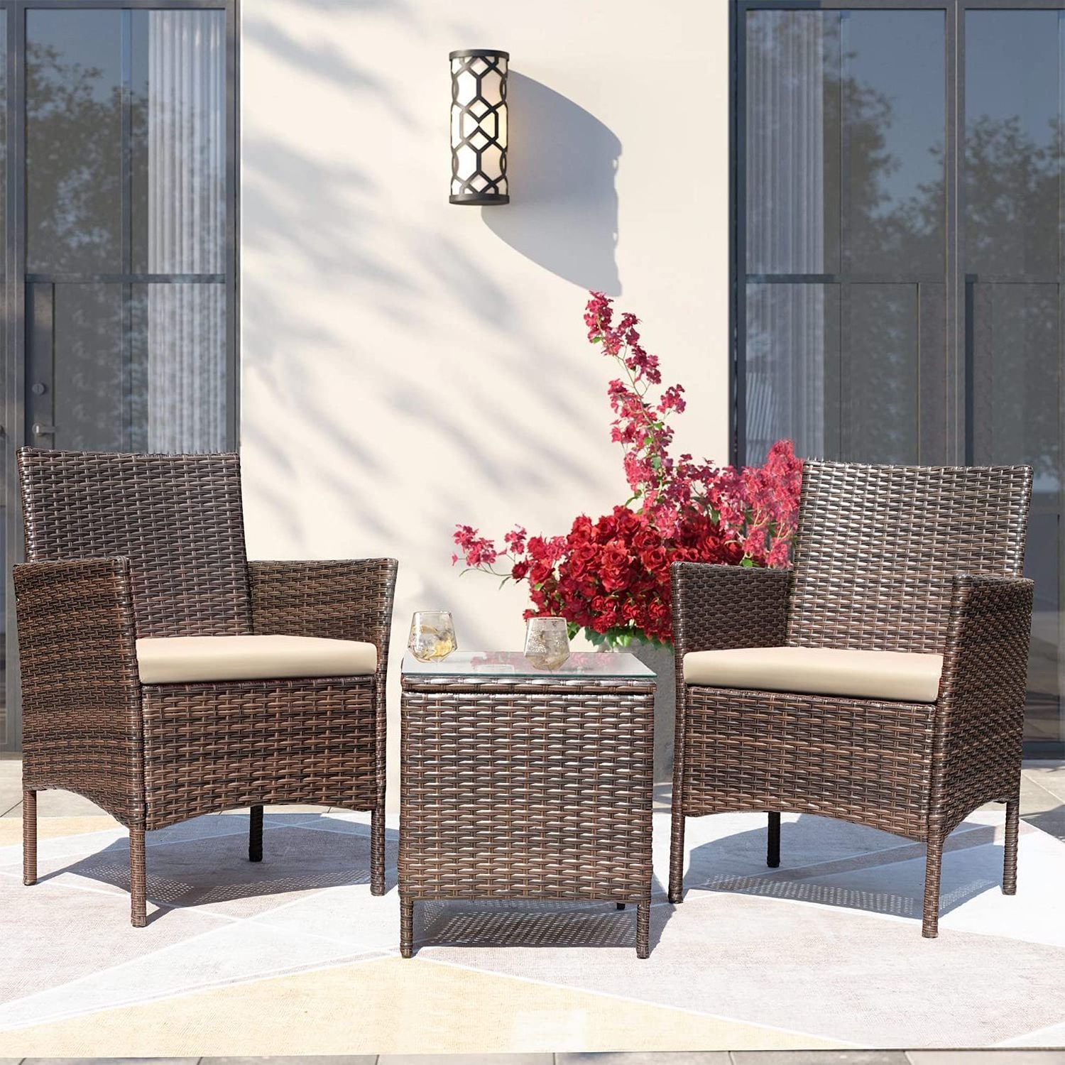 3 Pieces Patio Furniture PE Rattan Wicker Chair Conversation Set, Gray and Beige and  brown