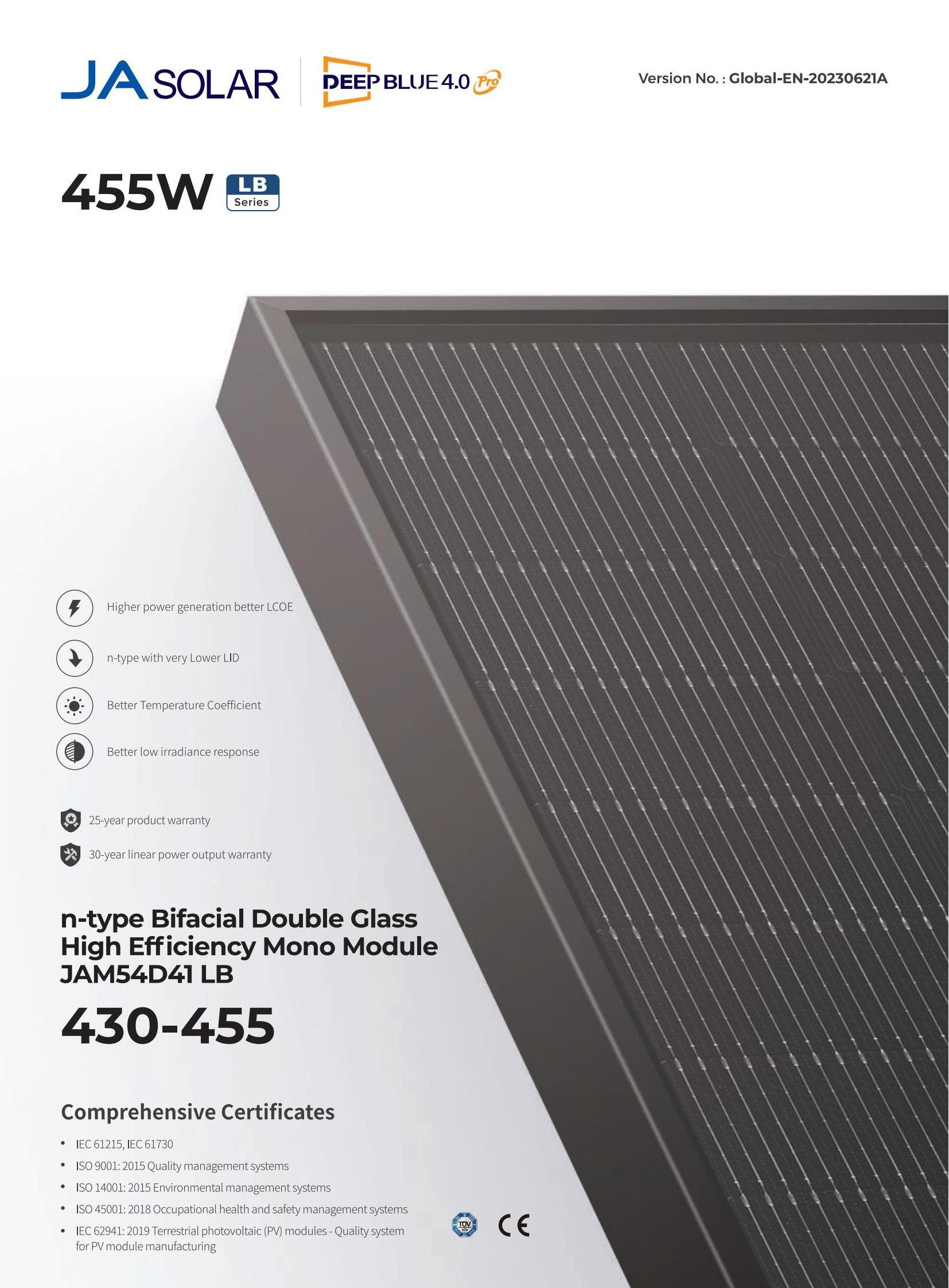 JA Solar 435W JAM54D41-435 LB Deep Blue Pro Full Black glass-glass n-type bifacial 430W 435W Solar panel with 30 year guarantee