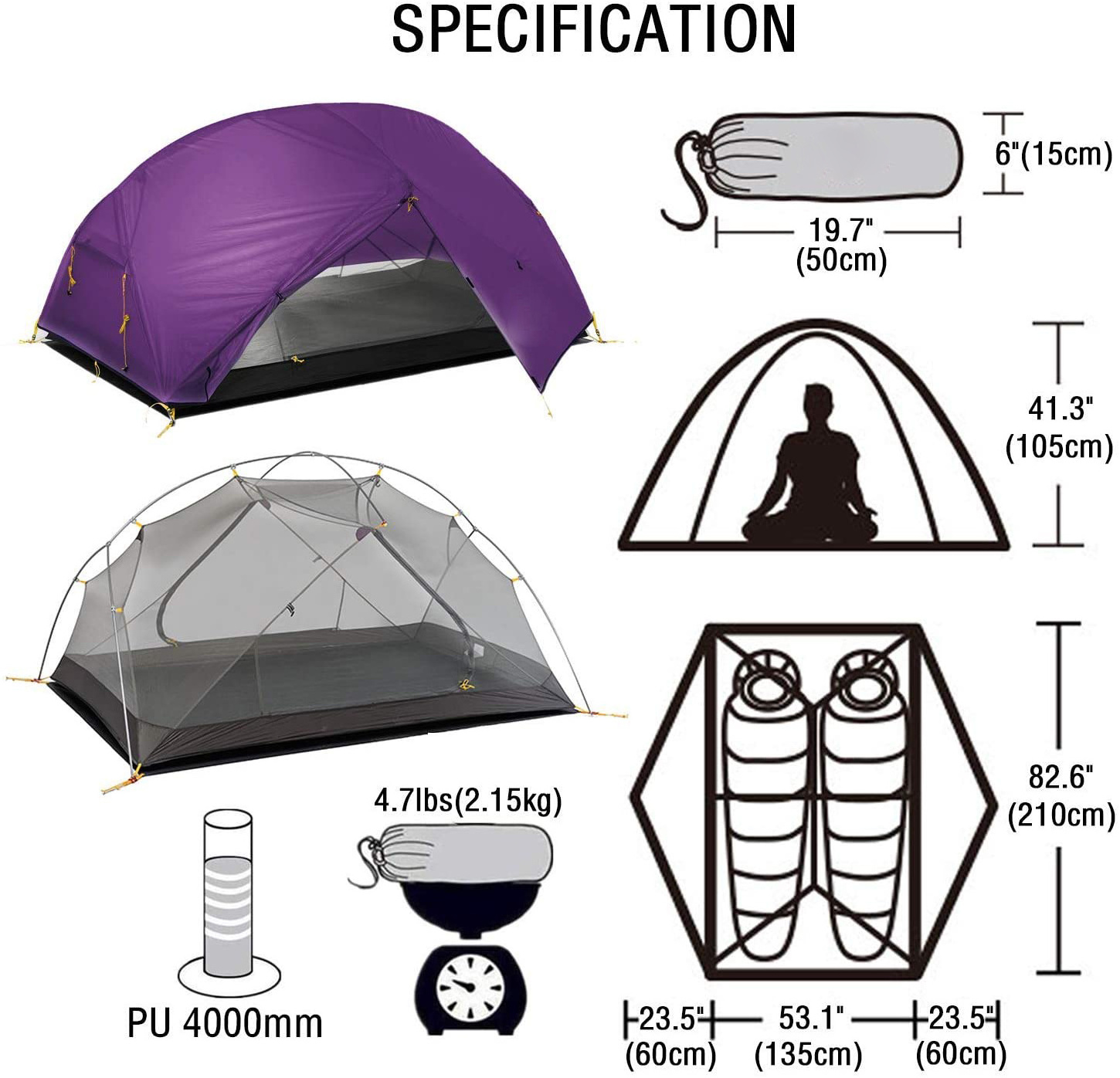 Aluminum Outdoor Tents Lightweight Mountaineering Camping and Hiking Tent with 3 Season with Compression Sack