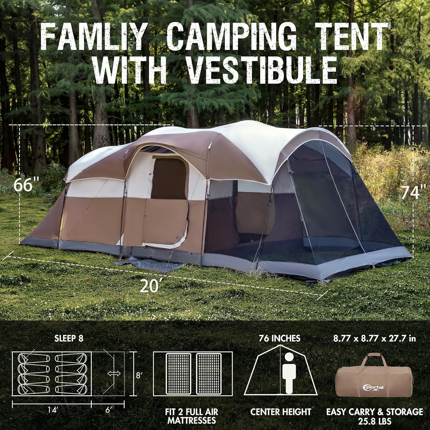 Popular 8 Person Family Camping Tent with Screen Room  Water Resistant Big Tunnel Tent with Rainfly  Large Family Tent for