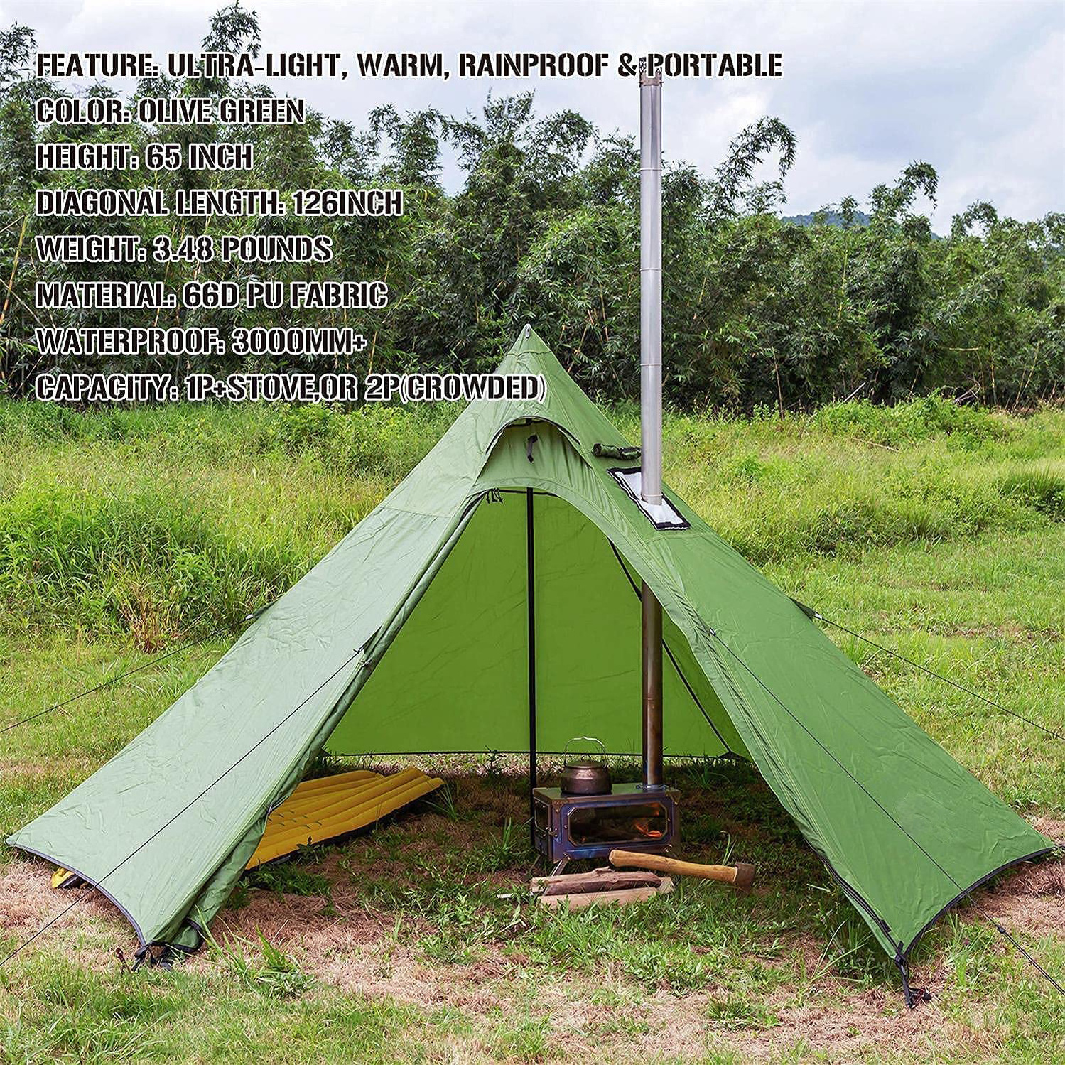 Hot Tent Camping Tipi with Stove Jack 1-2 Person 4 Season Outdoor Tent