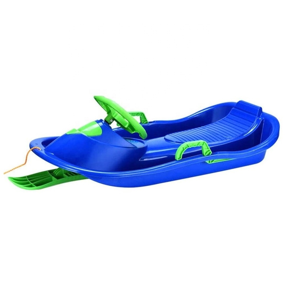 Snow Sled, Durable Downhill Sprinter Toboggan with Ski Blades Shovel Steering Wheel Brake and Drawstring for Kids