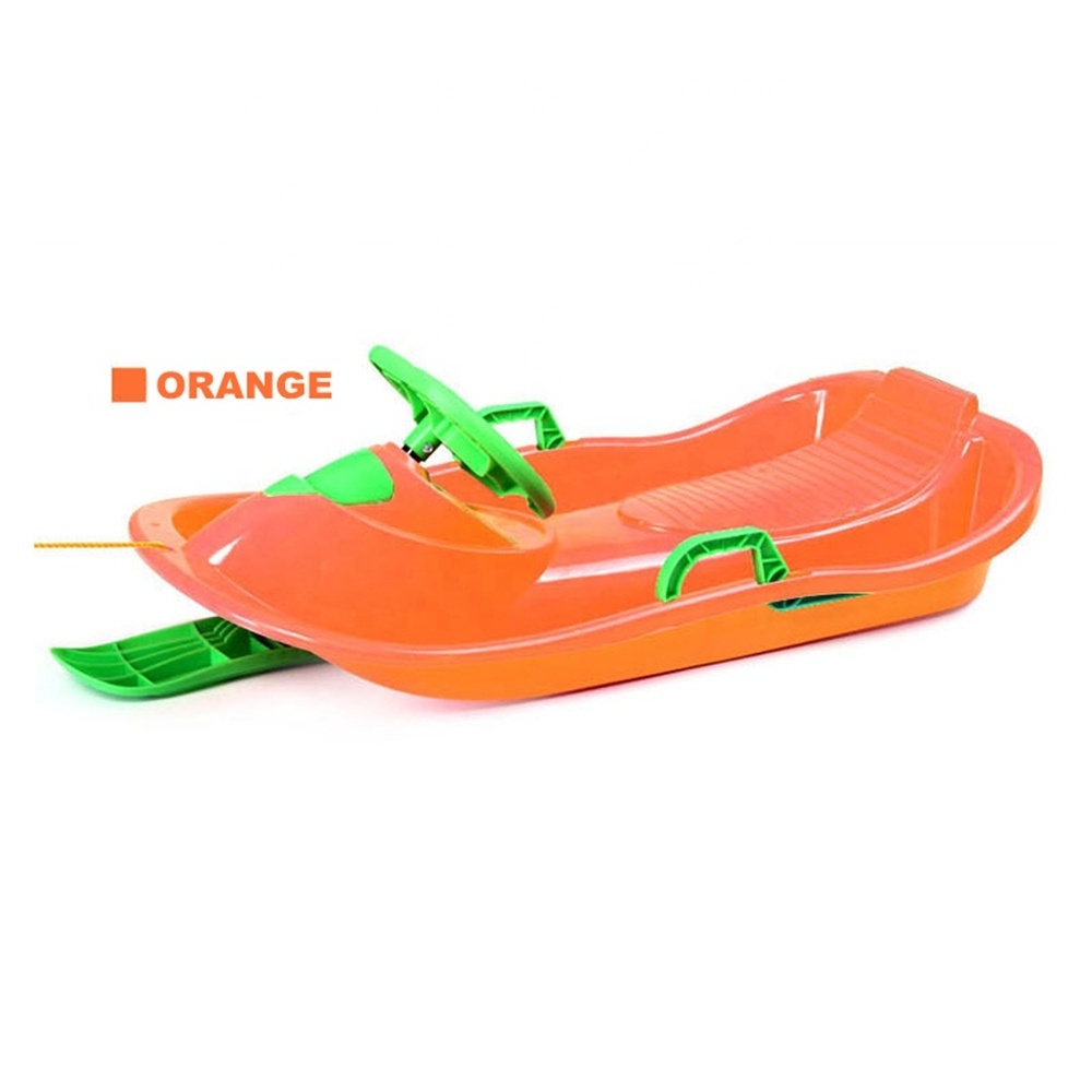 Snow Sled, Durable Downhill Sprinter Toboggan with Ski Blades Shovel Steering Wheel Brake and Drawstring for Kids