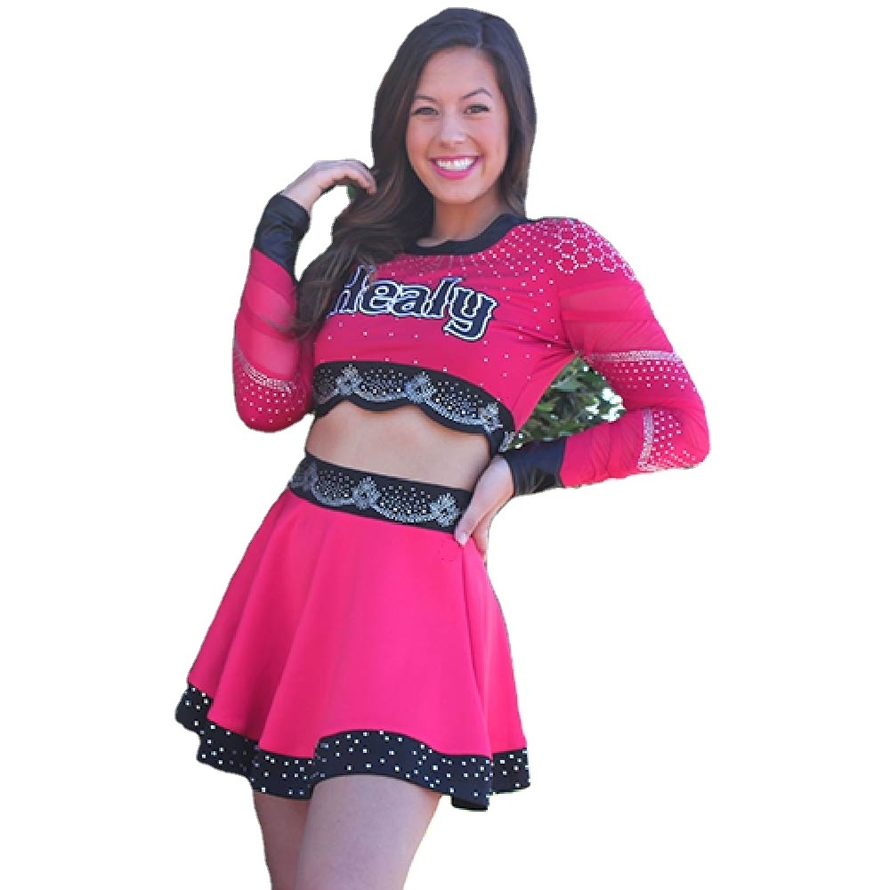 Crop Top And flouncy Skirt Custom hot pink Cheerleader Costume For Kids Cheerleading Uniforms