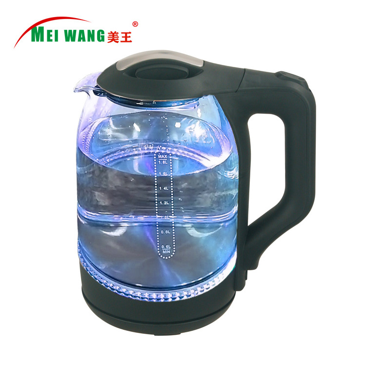 Meiwang factory price electric glass kettle hot water fast boiler tea maker three colors light 1.7L and 1.8L Glass Kettle