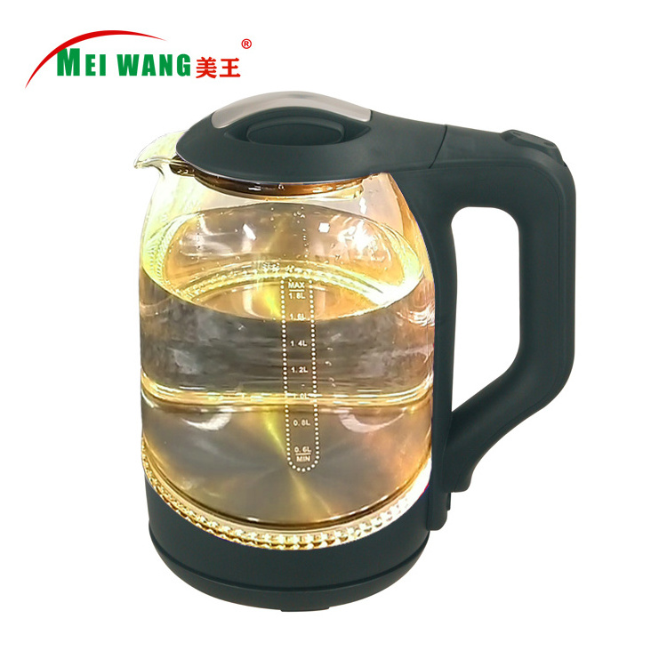 Meiwang factory price electric glass kettle hot water fast boiler tea maker three colors light 1.7L and 1.8L Glass Kettle