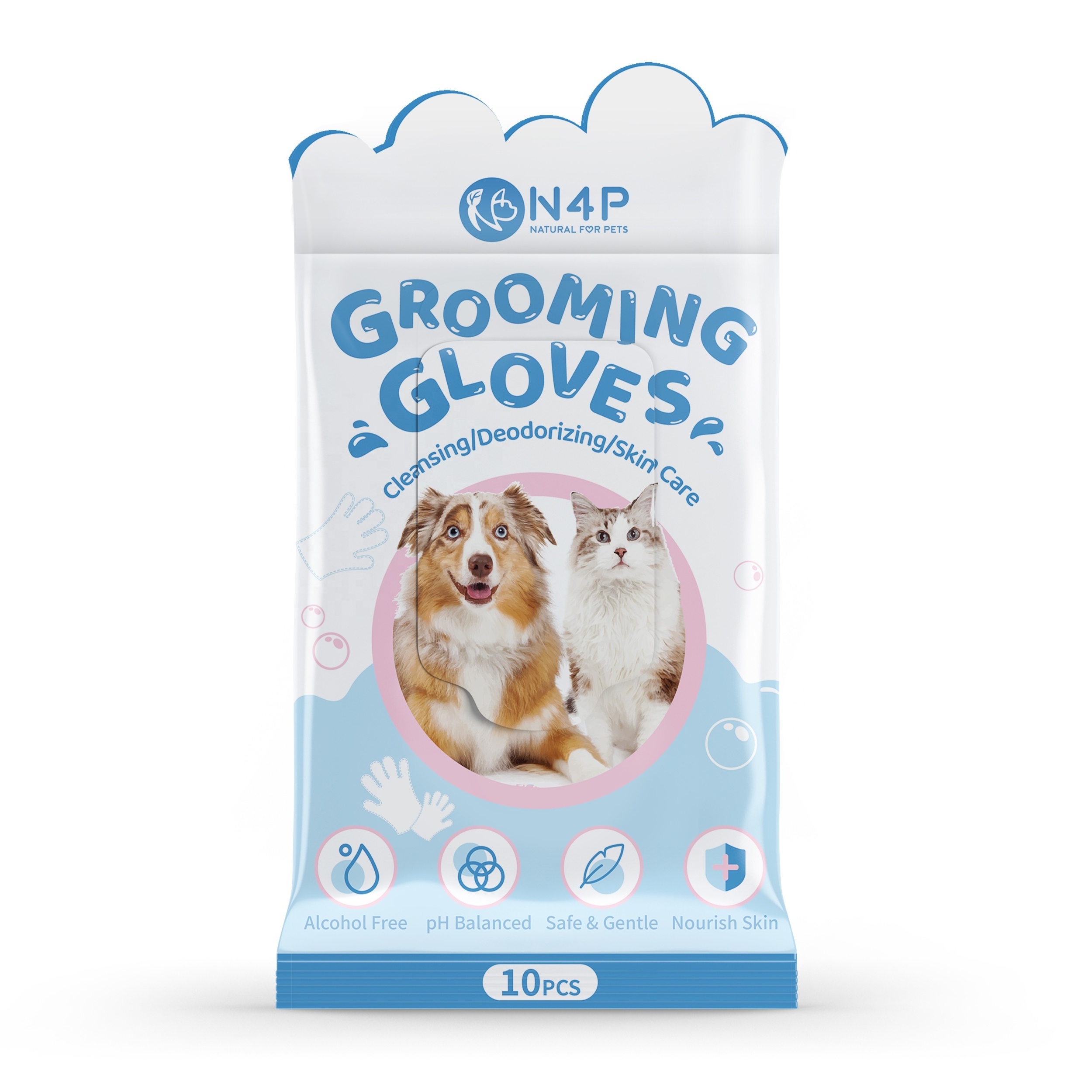 N4P Pet Friendly Non-rinse Formula Pet Grooming Gloves 10 pcs/1 bag Pet Dogs Cats Deodorizing & Cleaning Wipes