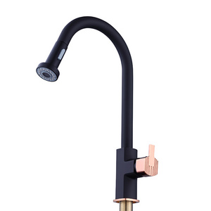 Modern Pull Down Kitchen Mixer Taps Sink Faucets Black 304 Stainless Steel Contemporary Ceramic Polished Black and Rose Gold