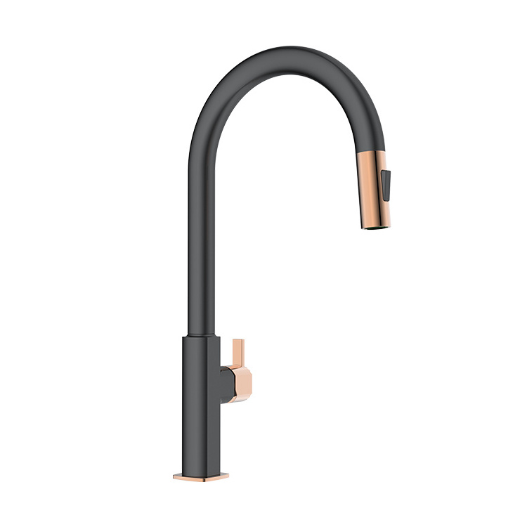 Modern Pull Down Kitchen Mixer Taps Sink Faucets Black 304 Stainless Steel Contemporary Ceramic Polished Black and Rose Gold