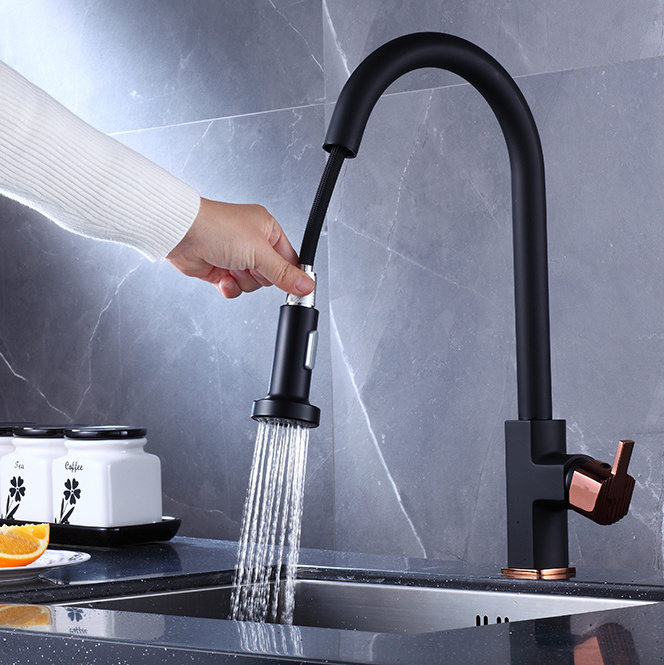 Modern Pull Down Kitchen Mixer Taps Sink Faucets Black 304 Stainless Steel Contemporary Ceramic Polished Black and Rose Gold