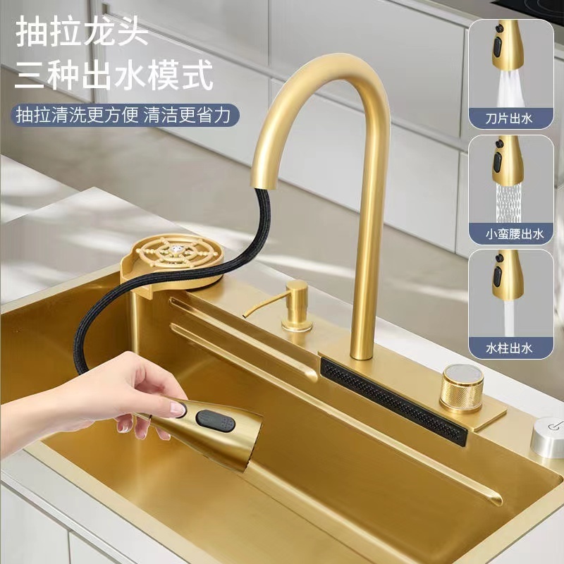 2023 MYN Tiktok 30 32 Inch Golden Waterfall  Sink Gold 304 Stainless Steel Faucet Handmade Kitchen Sink