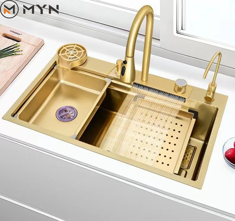 2023 MYN Tiktok 30 32 Inch Golden Waterfall  Sink Gold 304 Stainless Steel Faucet Handmade Kitchen Sink