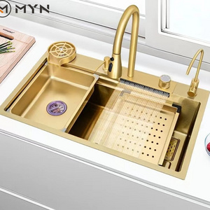 2023 MYN Tiktok 30 32 Inch Golden Waterfall  Sink Gold 304 Stainless Steel Faucet Handmade Kitchen Sink