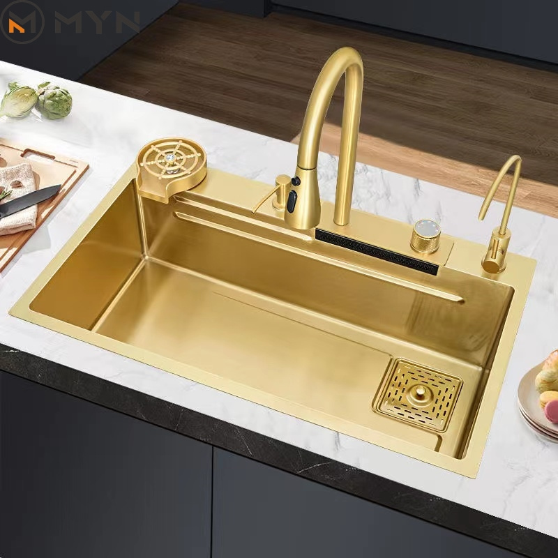 2023 MYN Tiktok 30 32 Inch Golden Waterfall  Sink Gold 304 Stainless Steel Faucet Handmade Kitchen Sink