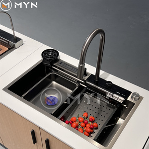 Meiyani Nano 304 Stainless Steel Sink Waterfall Digital Display Faucet Bionic Honeycomb Black Kitchen Sink With  Knife Holder