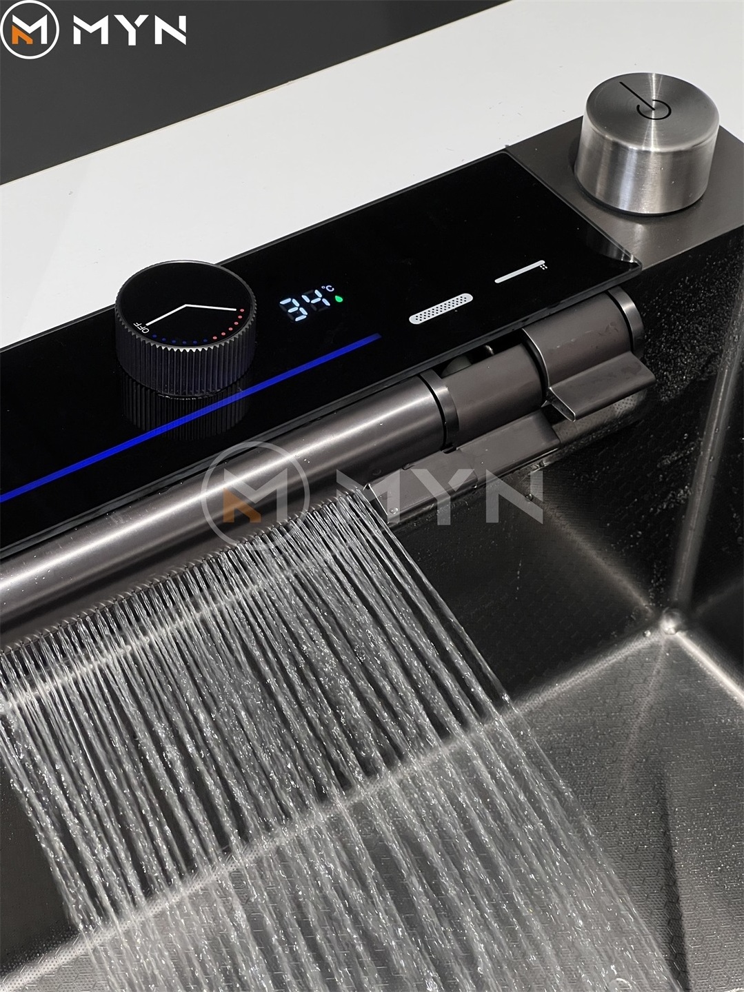 Meiyani Nano 304 Stainless Steel Sink Waterfall Digital Display Faucet Bionic Honeycomb Black Kitchen Sink With  Knife Holder