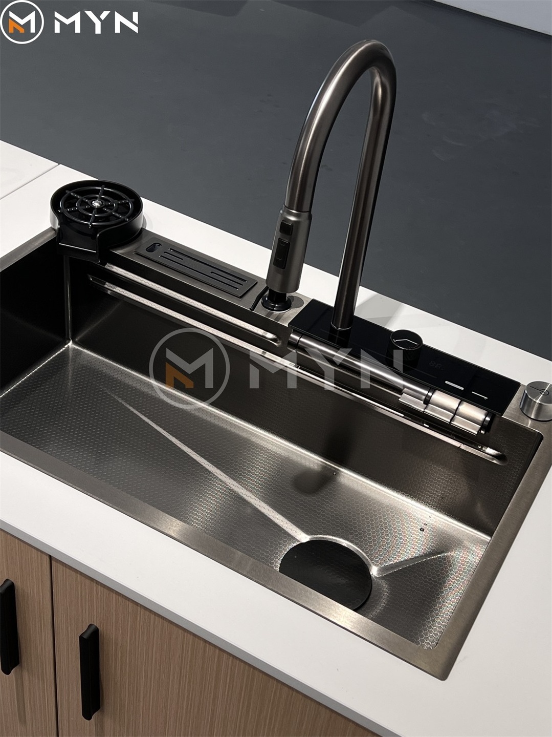 Meiyani Nano 304 Stainless Steel Sink Waterfall Digital Display Faucet Bionic Honeycomb Black Kitchen Sink With  Knife Holder