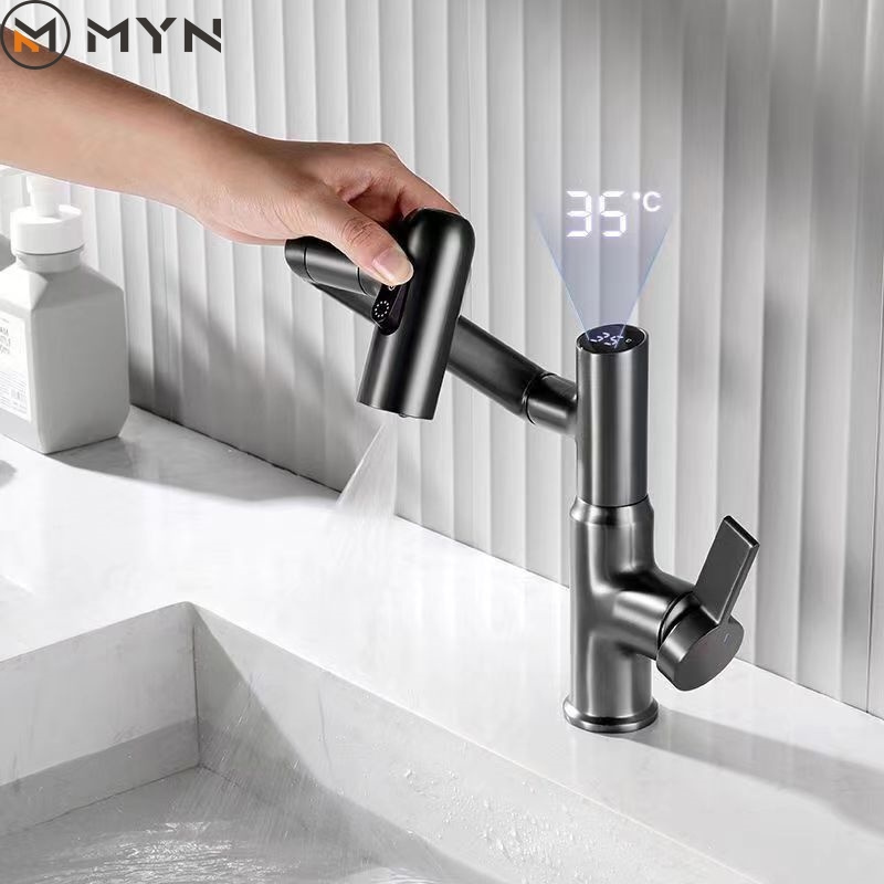 2023 Tiktok Newest Design  Gunmetal  Black White Color Folding Collapsible Digital Display Bathroom Sink Basin Faucet