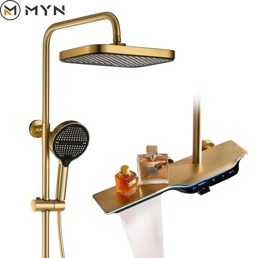 MYN Tiktok Trend Luxury Gold Bathroom Hot Cold Wall Mount Hung Led Digital Display Waterfall Bathroom Piano Faucets Shower Set