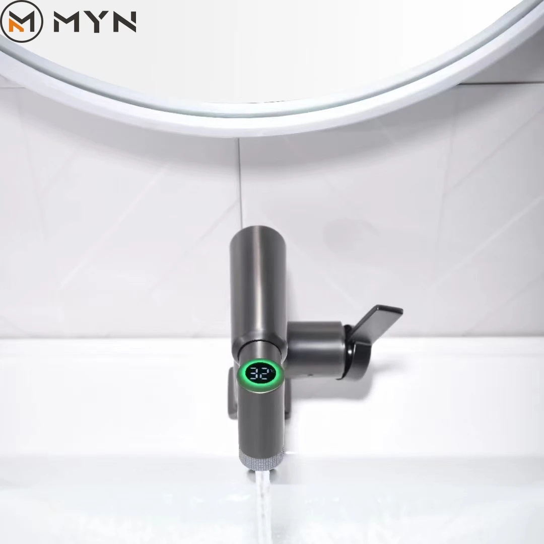 Gunmetal Change Color Rotatable Digital Temperature Display Bathroom Basin Faucet with Hot Cold Water Pull Bathroom Sink Mixer