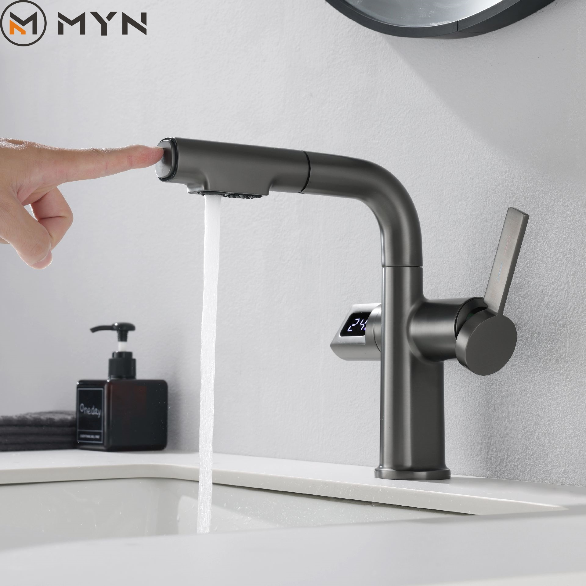 2024 Meiyani New Design LED Digital Display Adjustable Height Pull-Out Bathroom Faucet Multi functional Face Wash Basin Faucet