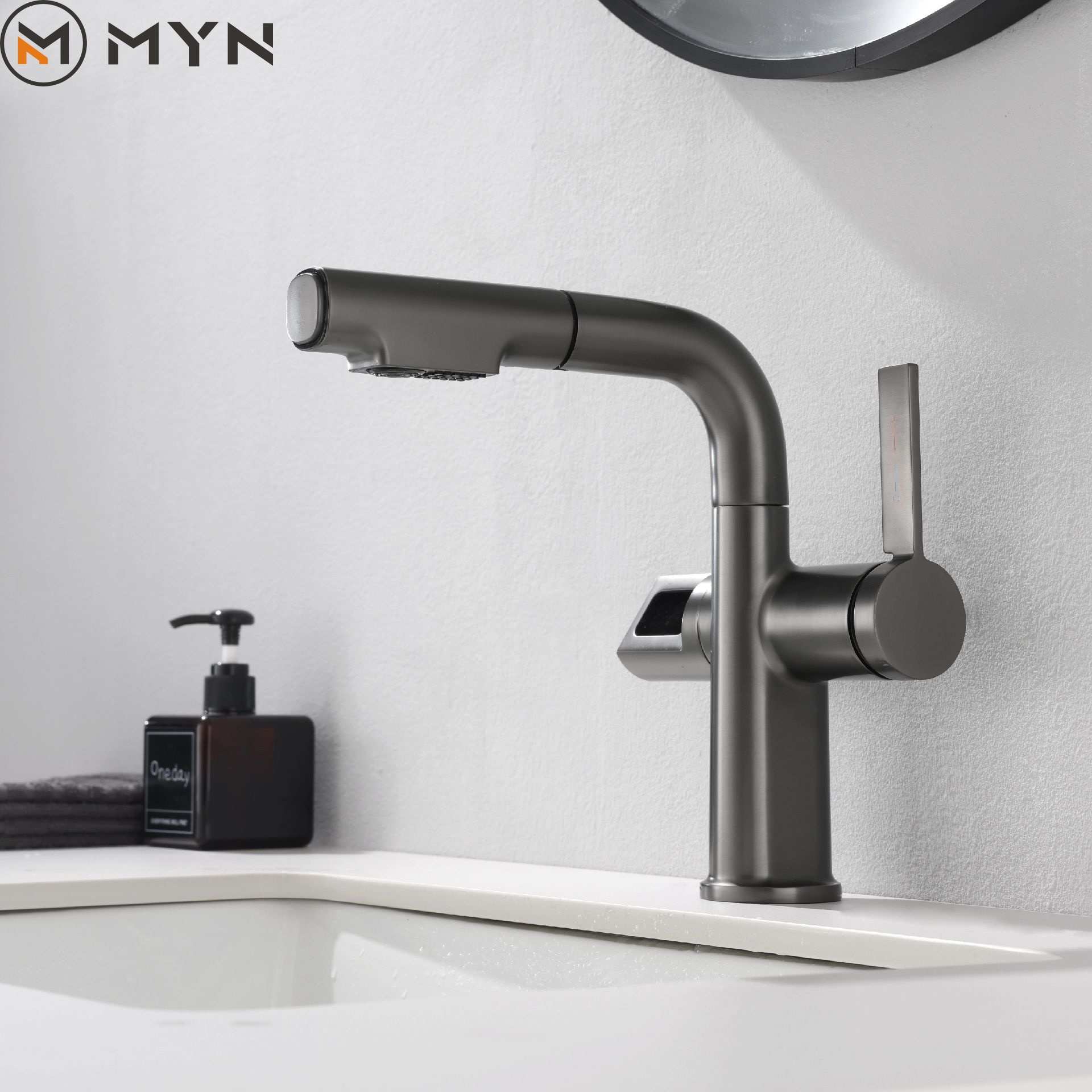 2024 Meiyani New Design LED Digital Display Adjustable Height Pull-Out Bathroom Faucet Multi functional Face Wash Basin Faucet