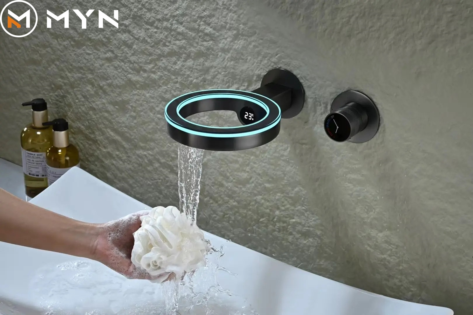 2024 New Design Hydro-electric Power Ringlike LED Digital Display Bathroom Sink Hidden Wall Mounted Mixer Faucet