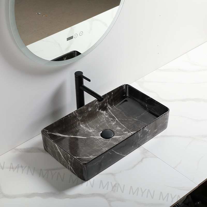 Hot sale luxury hotel  table top black marquina marble washbasin slim bathroom vanity sink