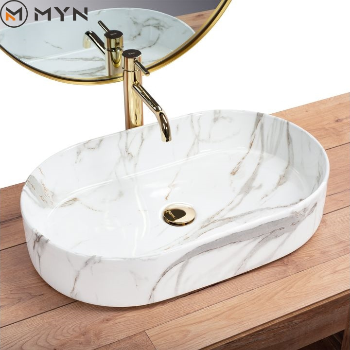 2023 Hot Sale Oval Counter Top Art Porcelain Sink Bathroom Ceramic Marble Washbasin Wash Basin Without Faucet Hole