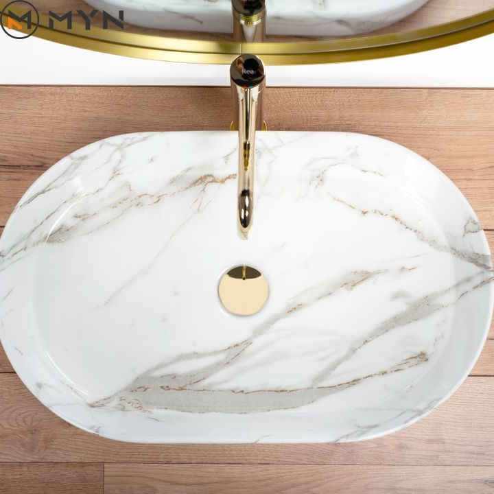 2023 Hot Sale Oval Counter Top Art Porcelain Sink Bathroom Ceramic Marble Washbasin Wash Basin Without Faucet Hole